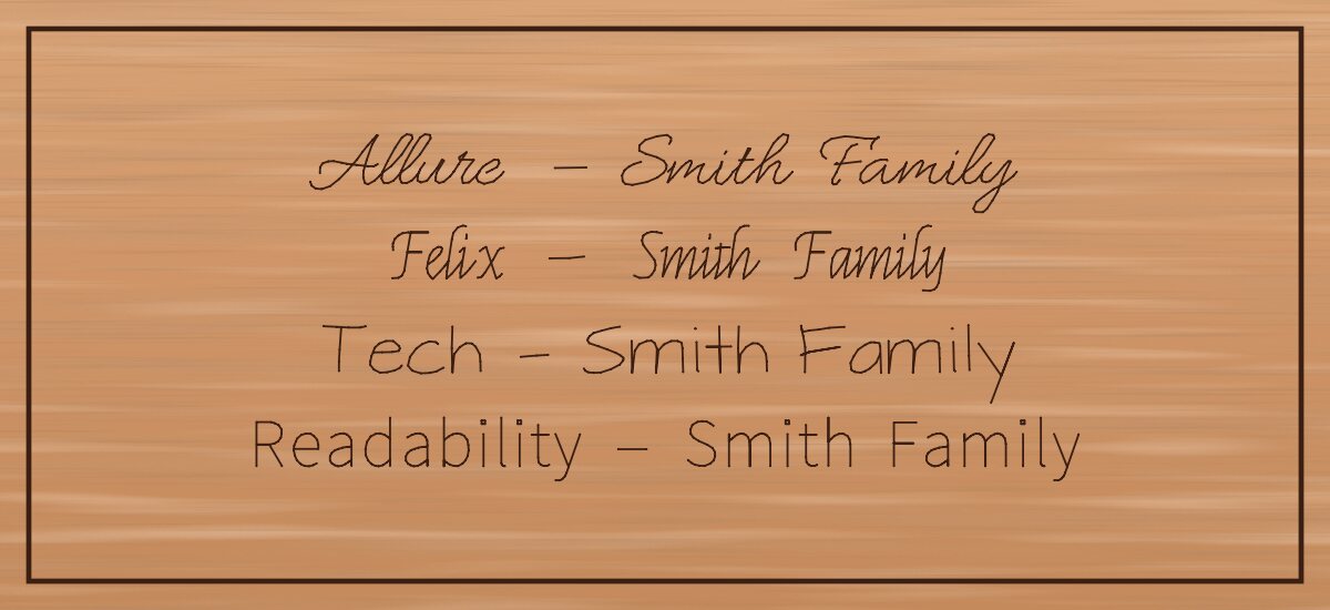The four single-line fonts: Allure, Felix, Tech and Readability