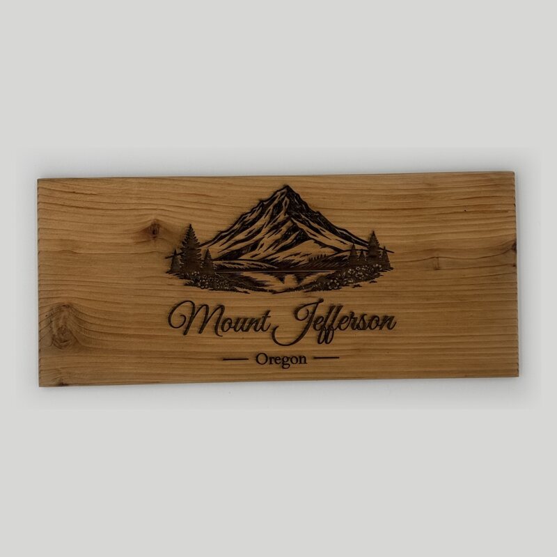 Mount Jefferson, Oregon, woodcut engraved on a cedar sign