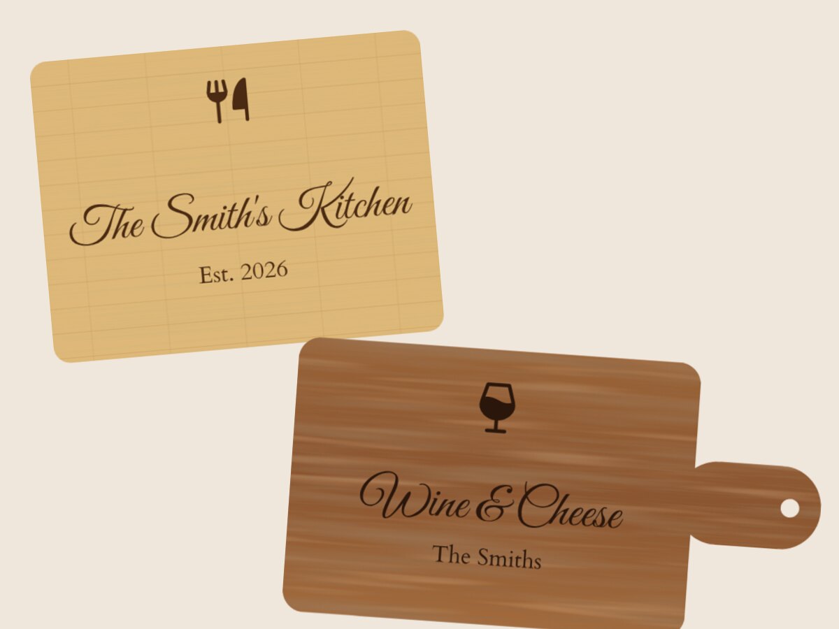 Engraved bamboo cutting board and acacia charcuterie paddle